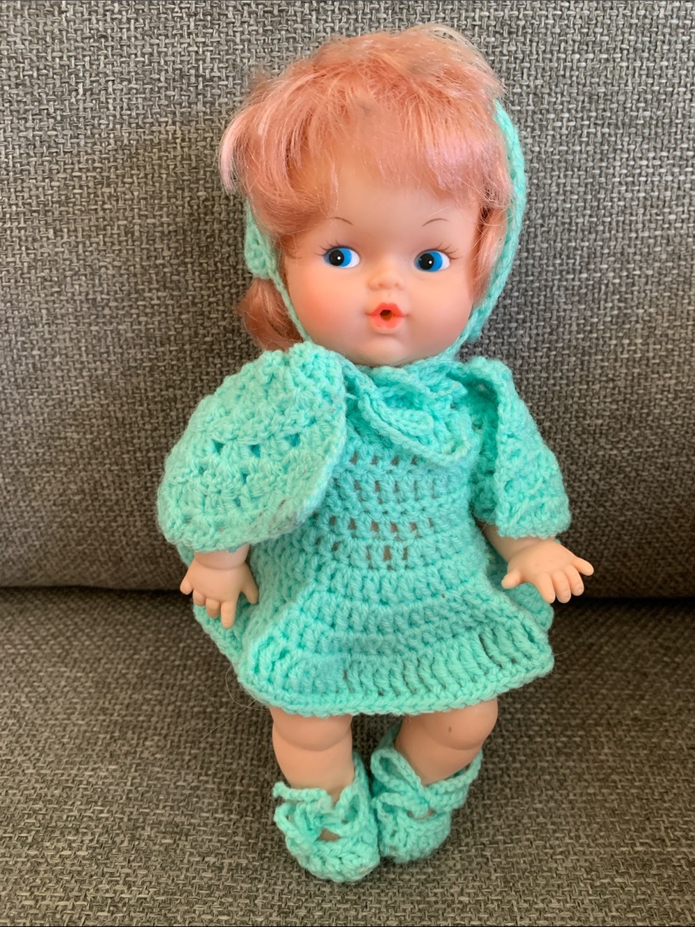 9” Doll wearing Mint Crochet Outfit Hong Kong imprint
